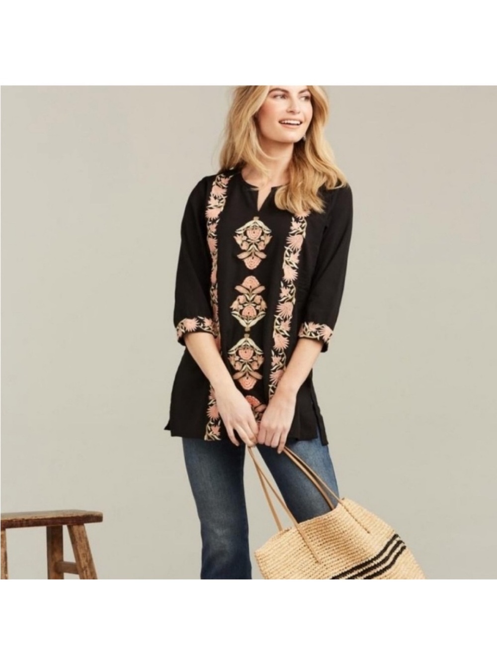 Roller rabbit, embroidered cotton tunic, long sleeve top
